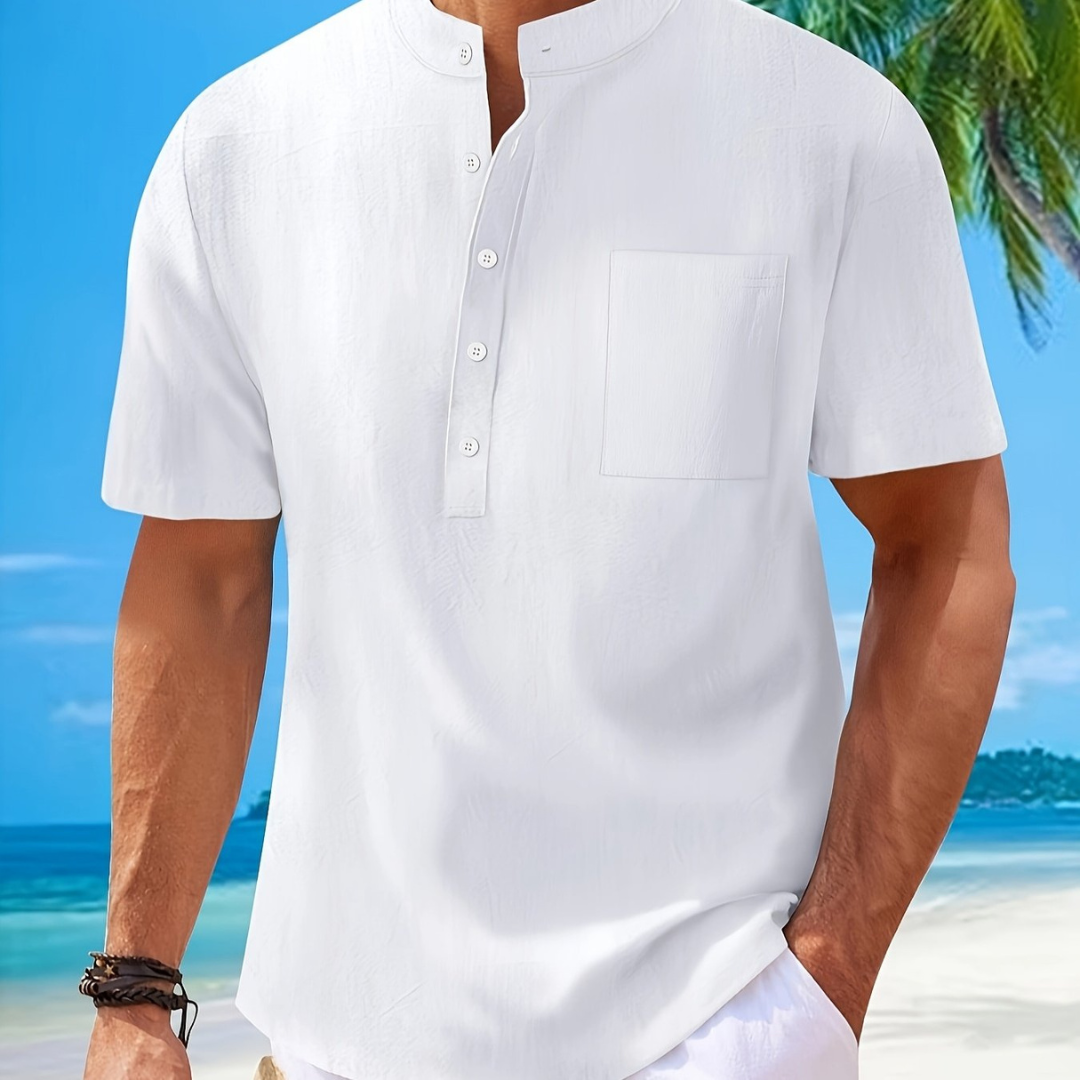 Atelier Rivelle | Chemise Lin Homme Été Col Mao Manches Courtes Décontractée