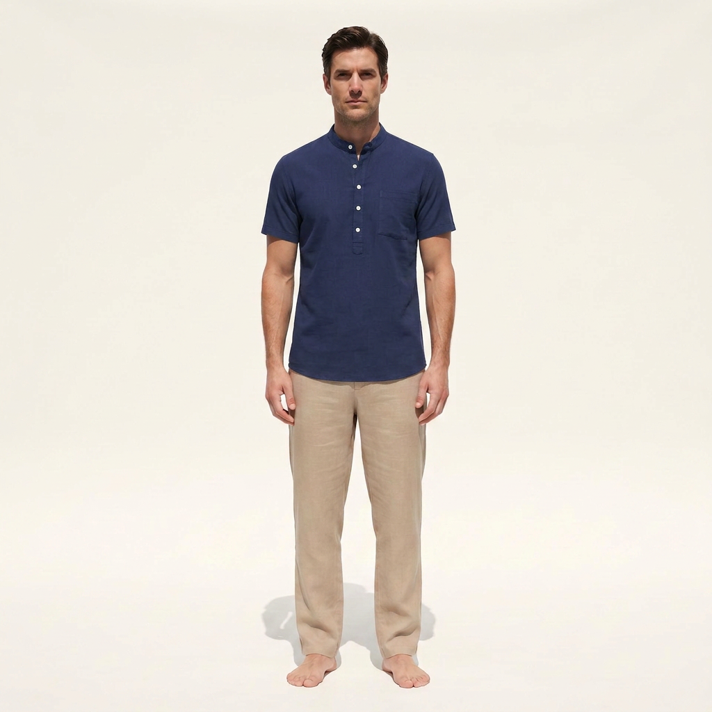 Atelier Rivelle | Chemise Lin Homme Été Col Mao Manches Courtes Décontractée
