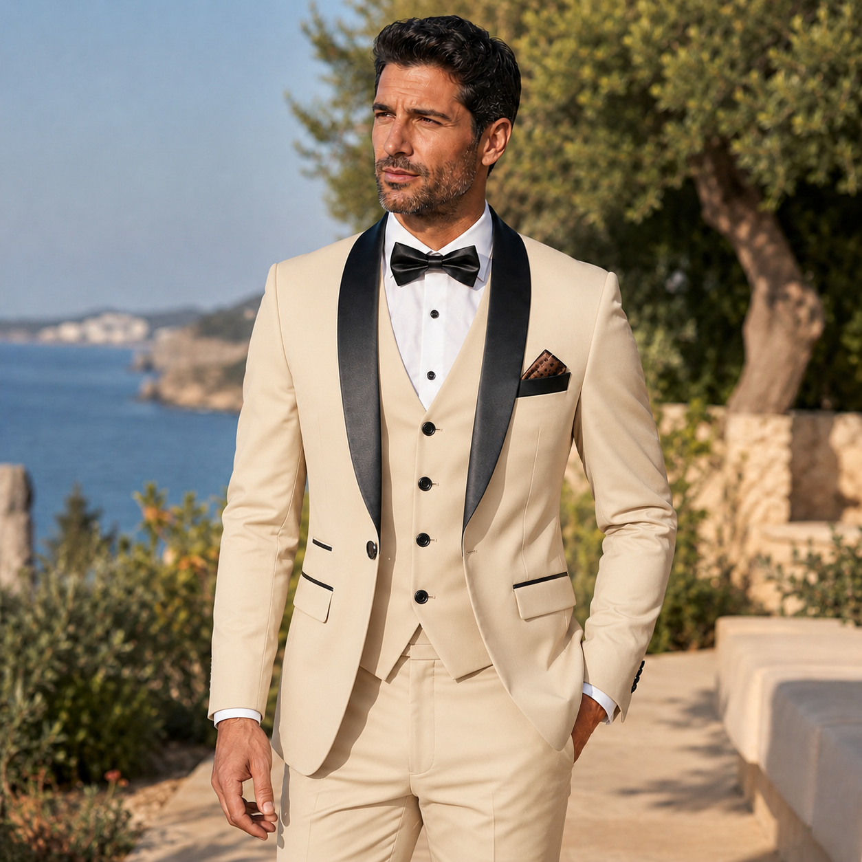 Atelier Rivelle | Costume Homme 3 Pièces Blazer Gilet Pantalon Élégant Mariage Beige