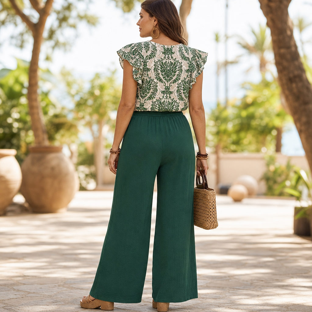 Atelier Rivelle | Ensemble Femme Été Élégant Fluide Col V Manches Papillon Rose