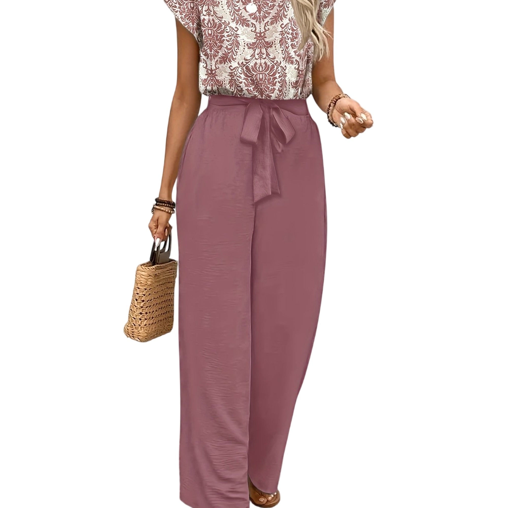Atelier Rivelle | Ensemble Femme Été Élégant Fluide Col V Manches Papillon Rose