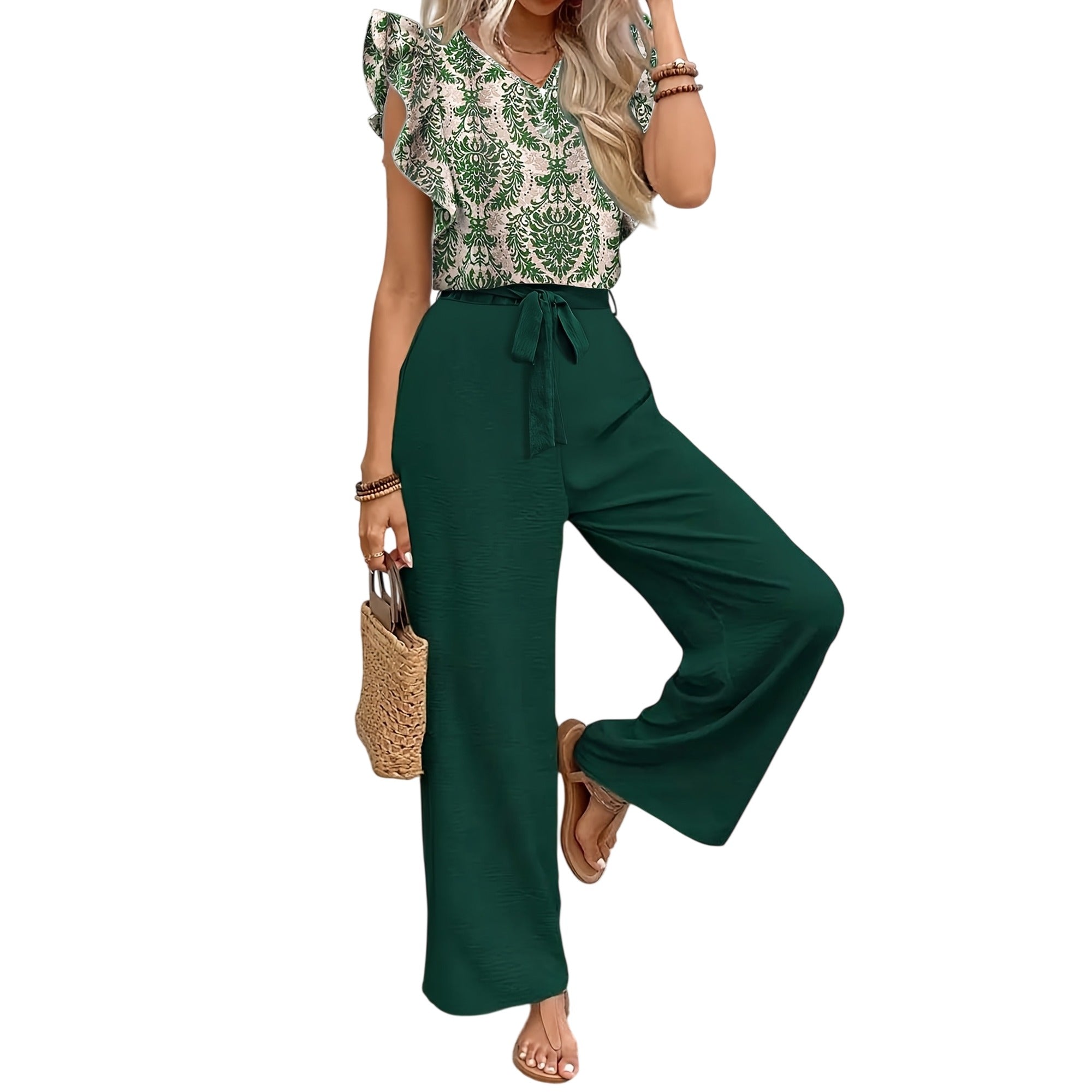 Atelier Rivelle | Ensemble Femme Été Élégant Fluide Col V Manches Papillon Rose
