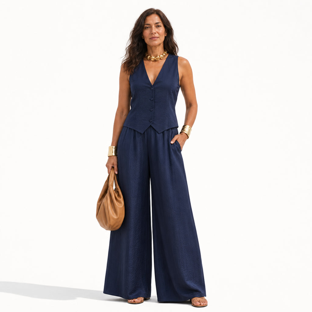 Atelier Rivelle | Ensemble Femme Été Fluide Léger Col V Élégant Bleu Marine