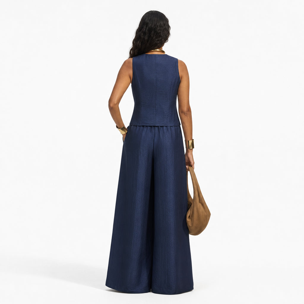 Atelier Rivelle | Ensemble Femme Été Fluide Léger Col V Élégant Bleu Marine