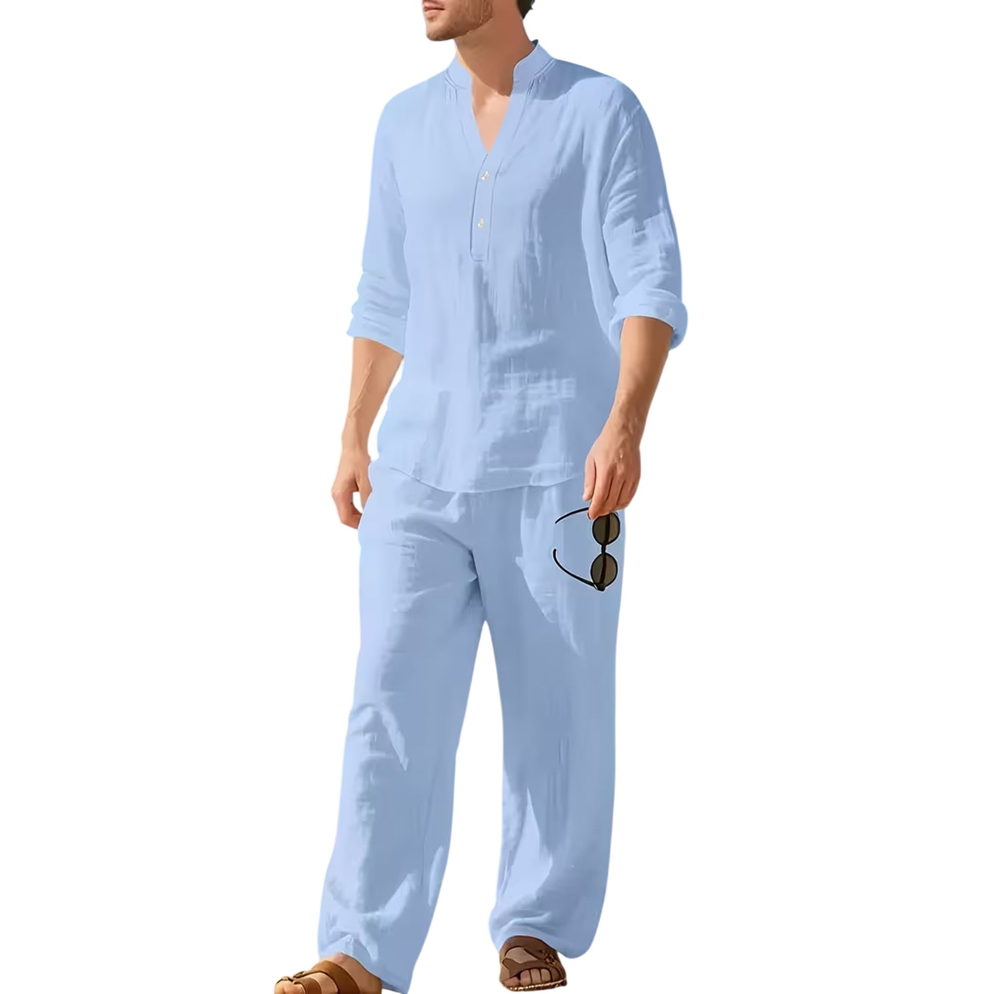 Atelier Rivelle | Ensemble Lin Homme Ample Col V Manches Longues Ceinture Décontracté