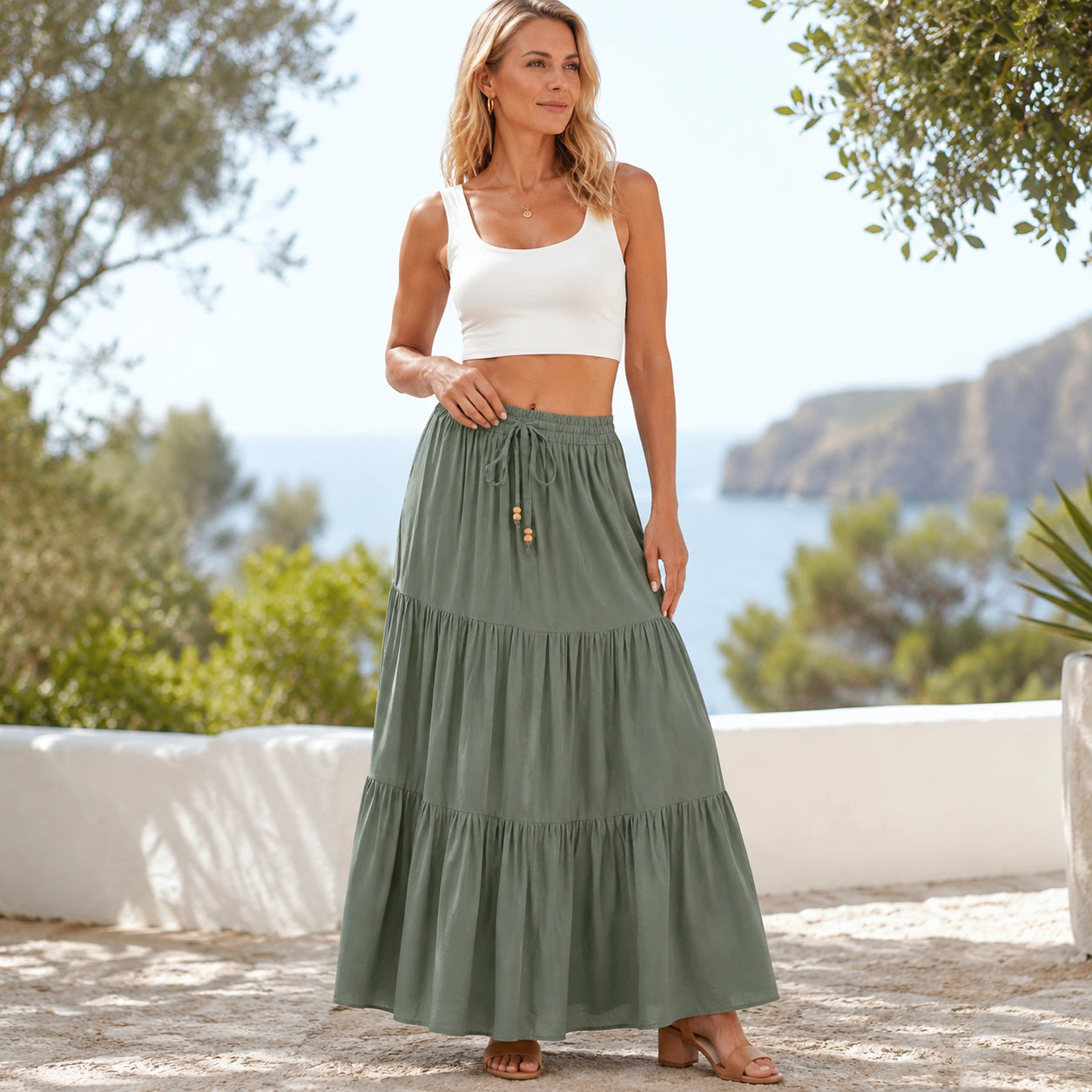 Atelier Rivelle | Jupe Longue Plissée Femme Été Fluide Taille Haute Ceinture