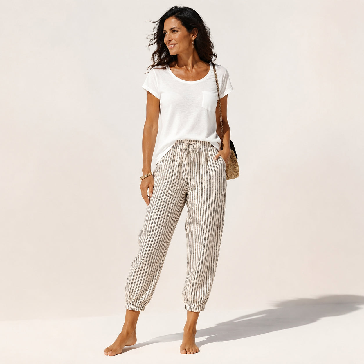 Atelier Rivelle | Pantalon Femme Ample Rayé Taille Haute Léger