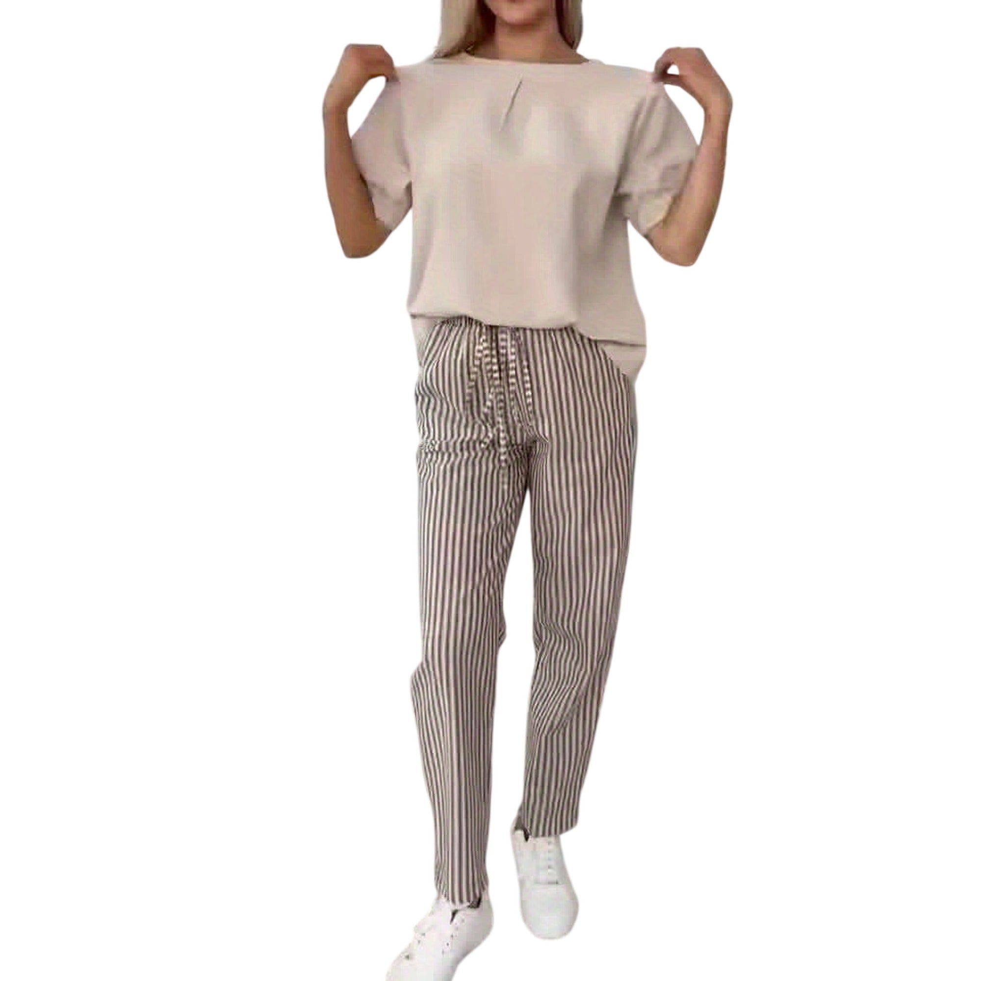 Atelier Rivelle | Pantalon Femme Ample Rayé Taille Haute Léger