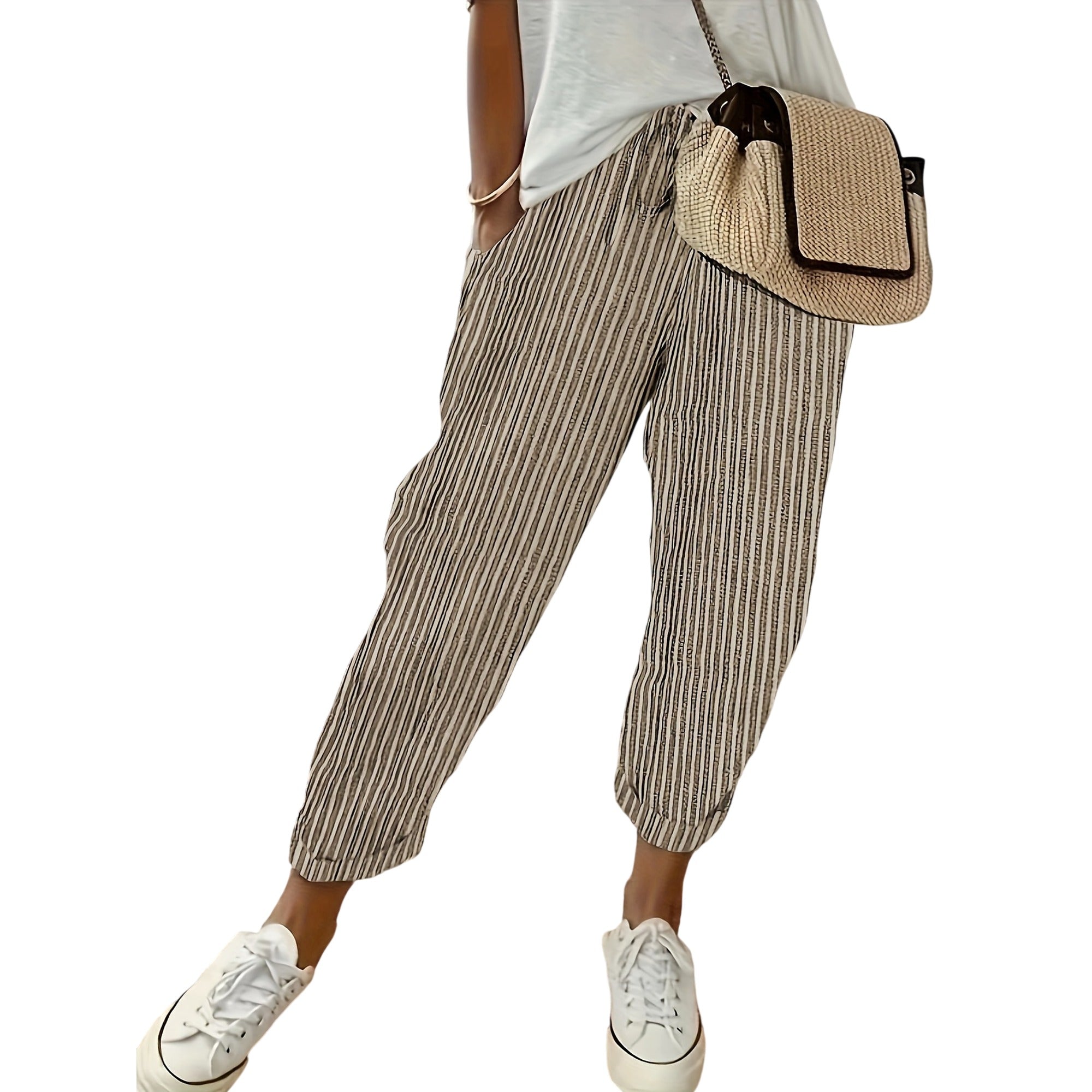 Atelier Rivelle | Pantalon Femme Ample Rayé Taille Haute Léger