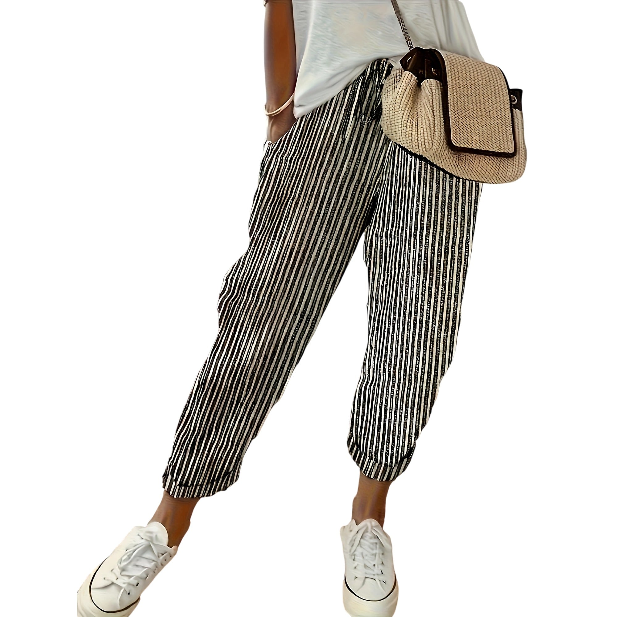 Atelier Rivelle | Pantalon Femme Ample Rayé Taille Haute Léger