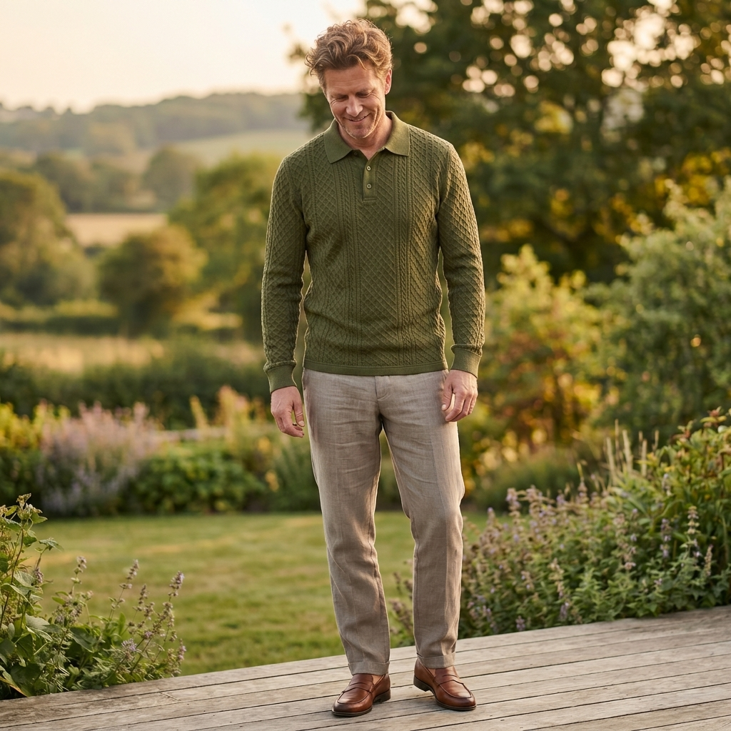 Atelier Rivelle | Polo Homme Manches Longues Jacquard Élégant Décontracté