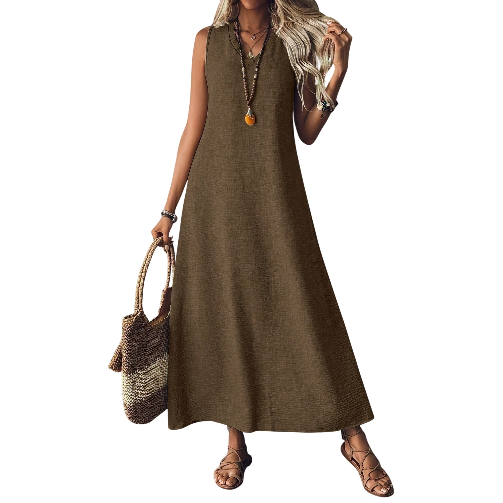 Atelier Rivelle | Robe Femme Été Ample Col V Sans Manches Fluide