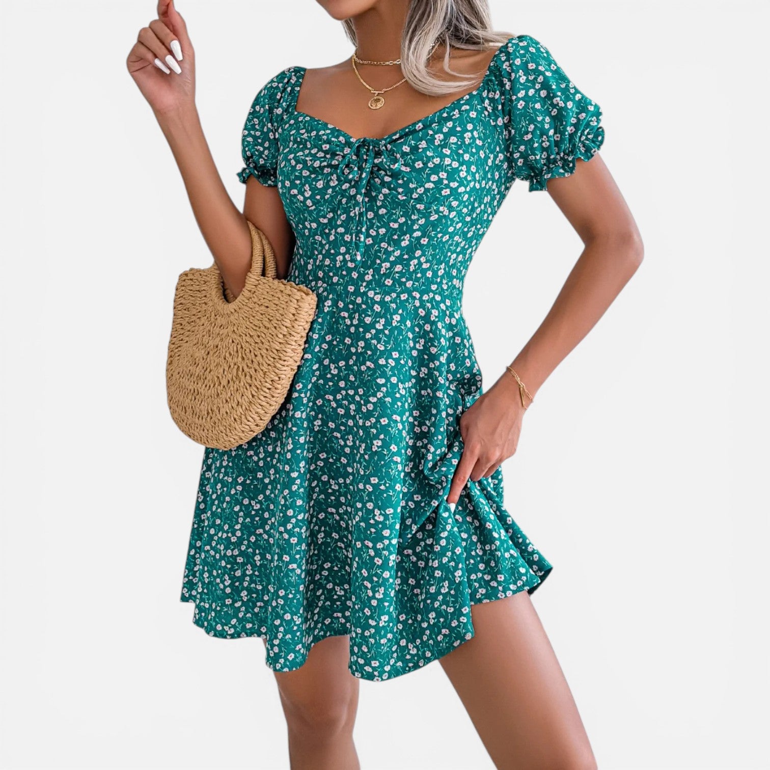 Atelier Rivelle | Robe Mini Femme Fleurie Col Carré A-Line Volants Été