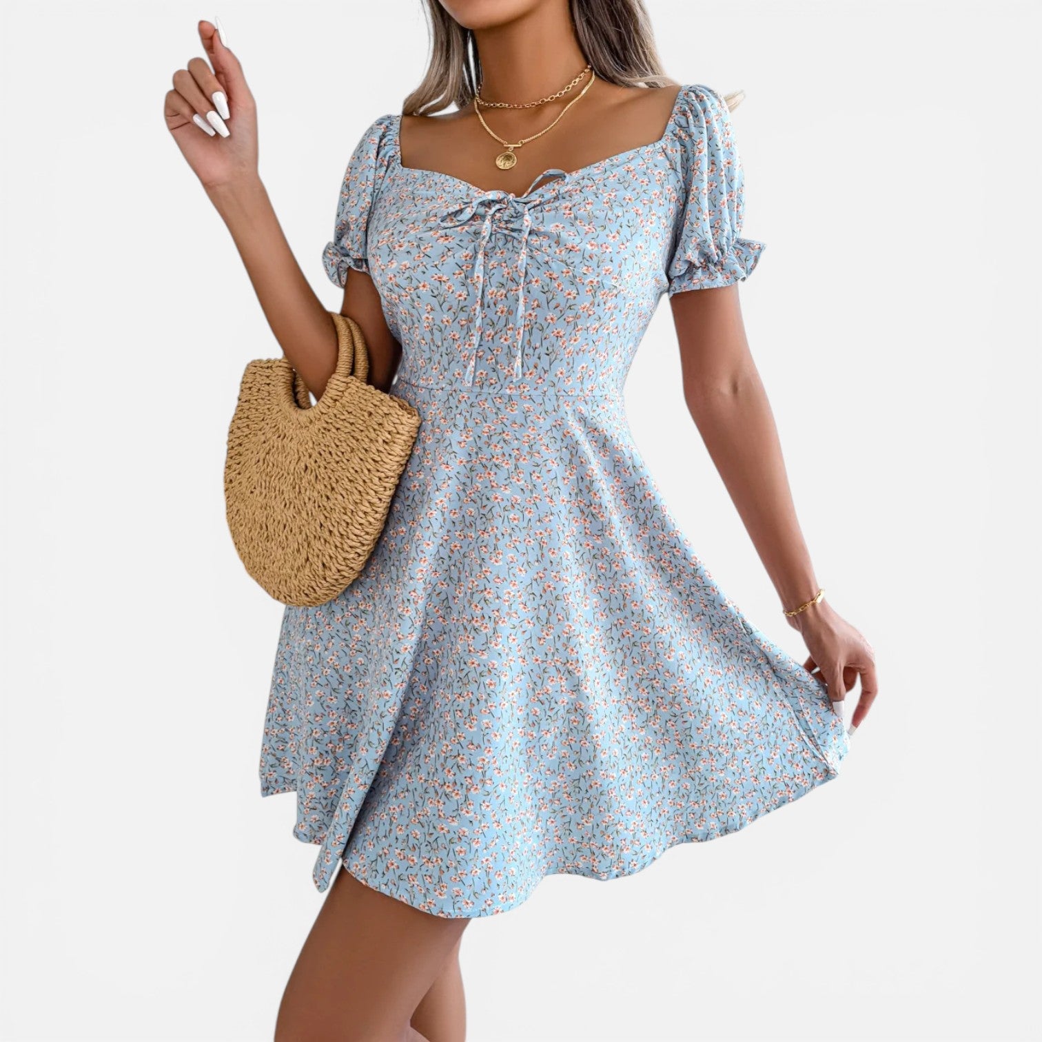 Atelier Rivelle | Robe Mini Femme Fleurie Col Carré A-Line Volants Été