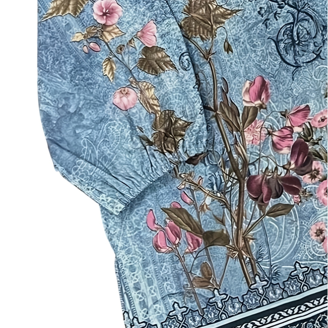 Atelier Rivelle | Blouse Femme Florale Col Montant Manches Trois-Quarts Élégante