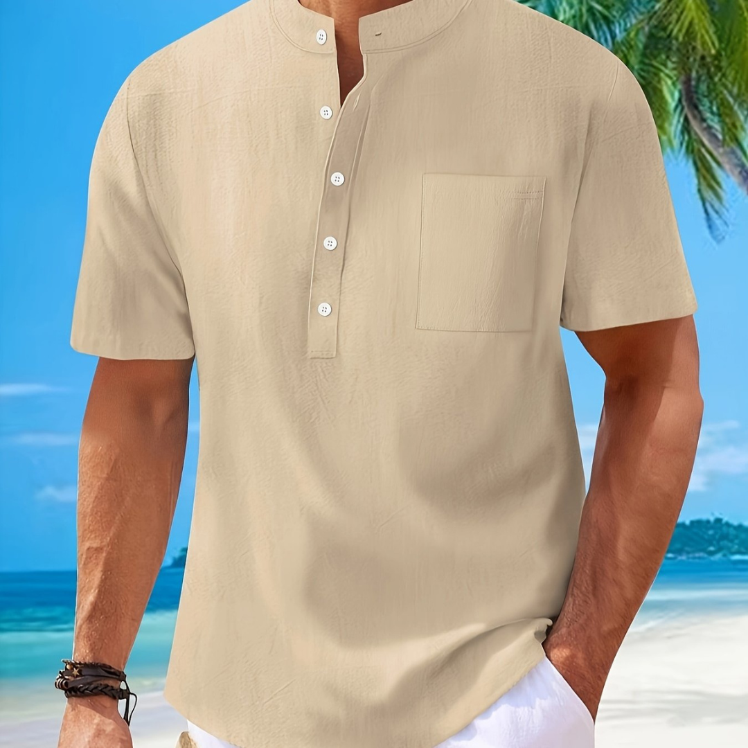 Atelier Rivelle | Chemise Lin Homme Été Col Mao Manches Courtes Décontractée