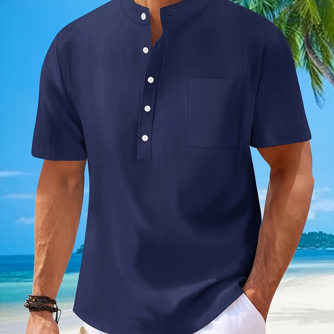 Atelier Rivelle | Chemise Lin Homme Été Col Mao Manches Courtes Décontractée