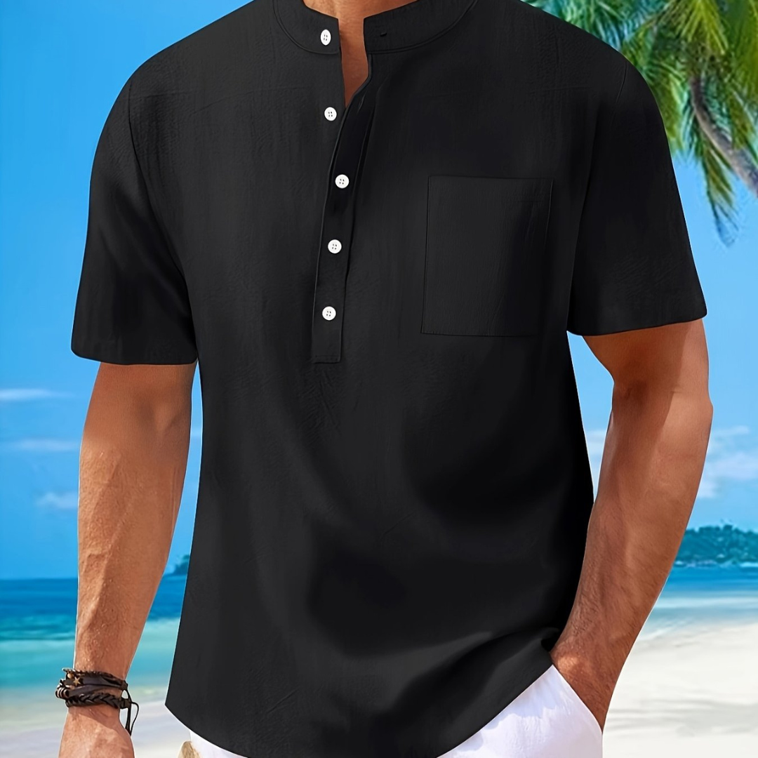 Atelier Rivelle | Chemise Lin Homme Été Col Mao Manches Courtes Décontractée