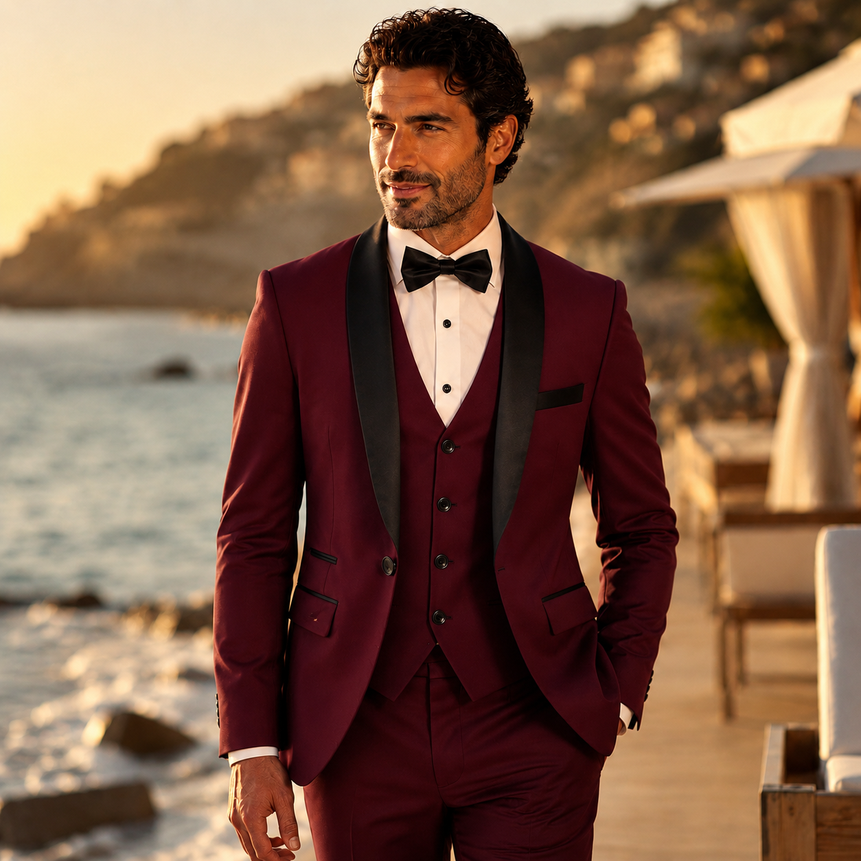 Atelier Rivelle | Costume Homme 3 Pièces Blazer Gilet Pantalon Élégant Mariage Bordeaux