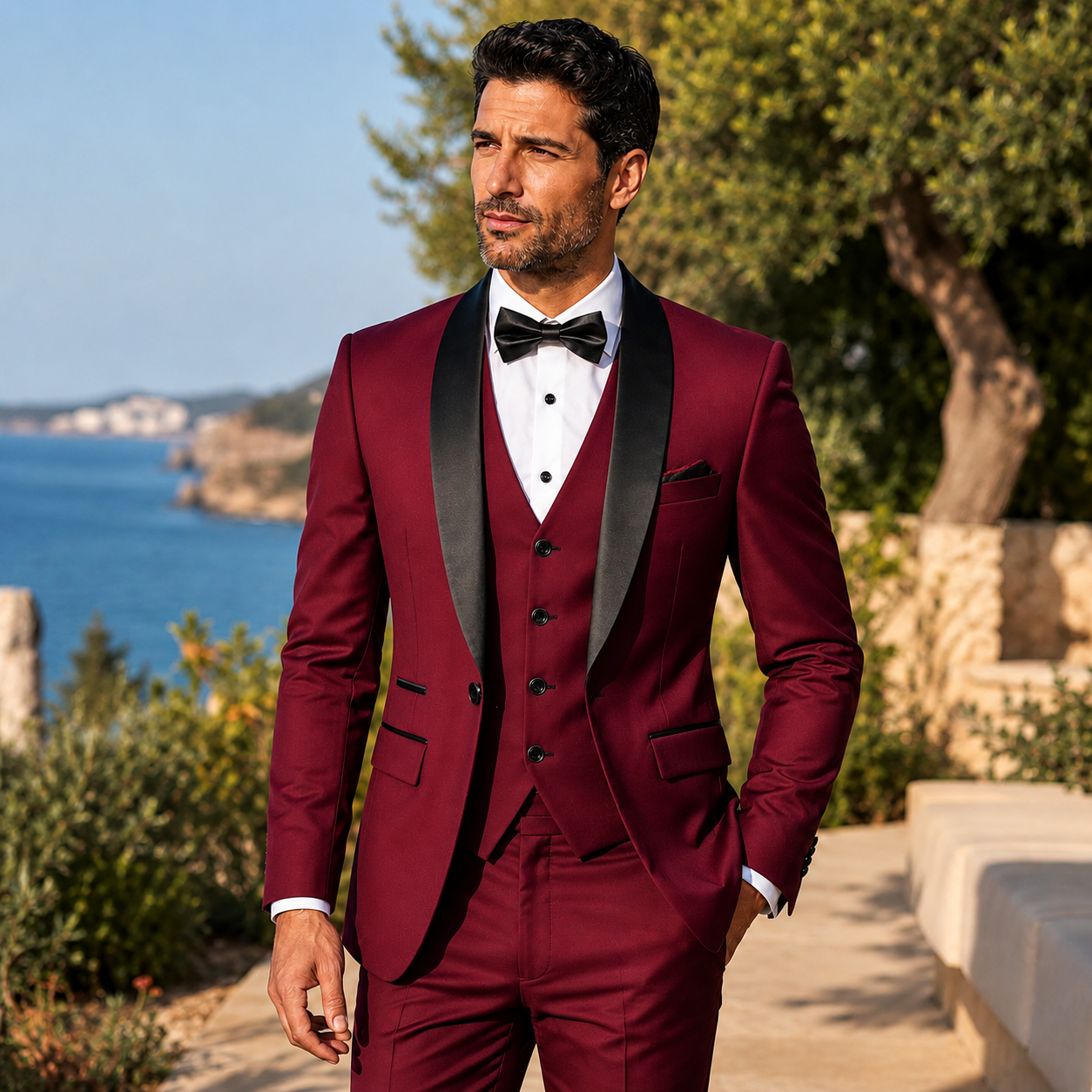 Atelier Rivelle | Costume Homme 3 Pièces Blazer Gilet Pantalon Élégant Mariage Bordeaux