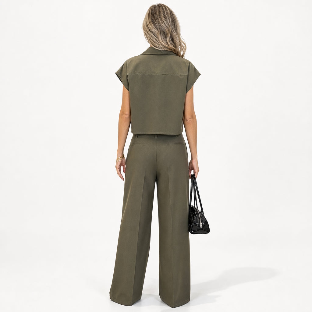 Atelier Rivelle | Ensemble Femme Été Élégant Décontracté Boutonné Poches Vert