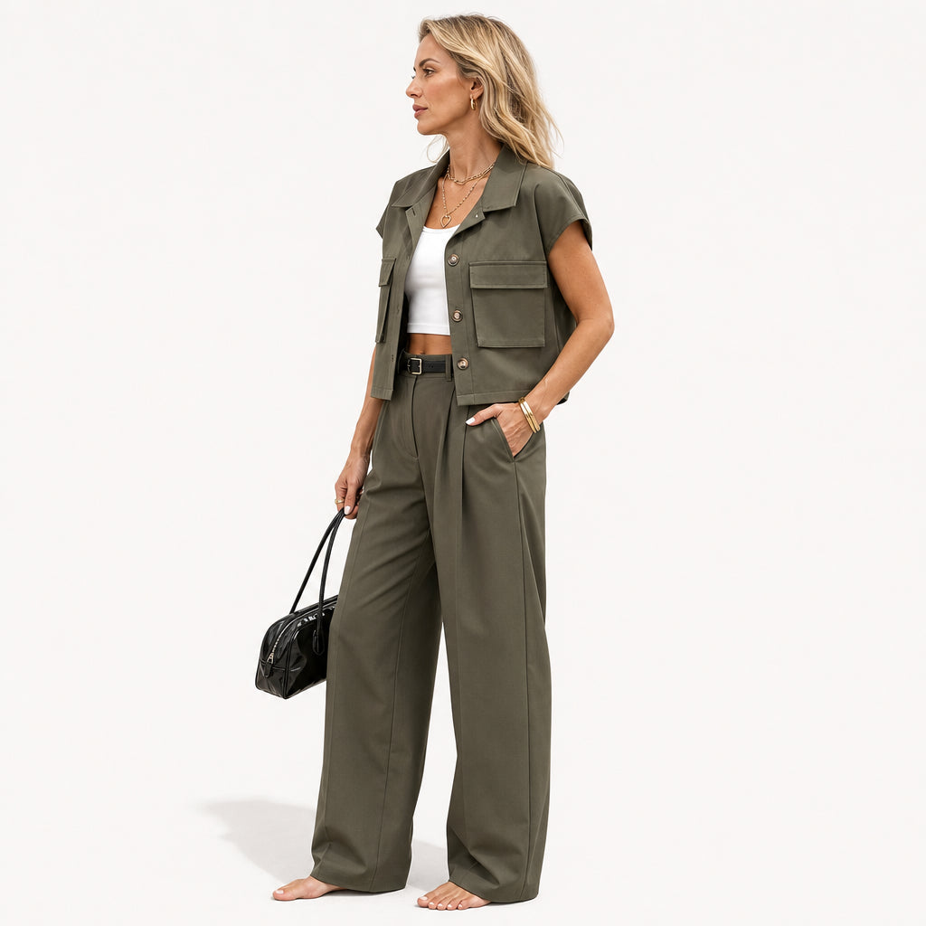 Atelier Rivelle | Ensemble Femme Été Élégant Décontracté Boutonné Poches Vert