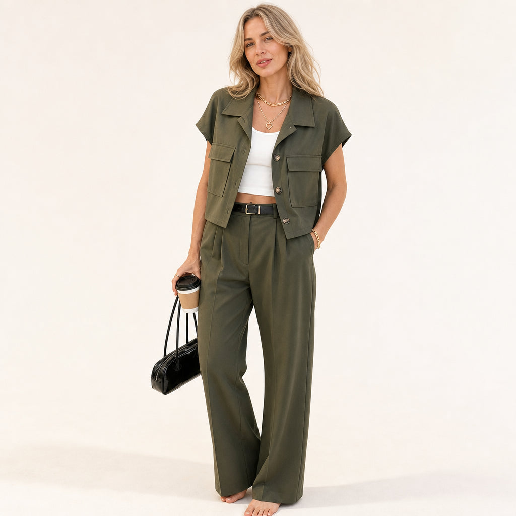 Atelier Rivelle | Ensemble Femme Été Élégant Décontracté Boutonné Poches Vert