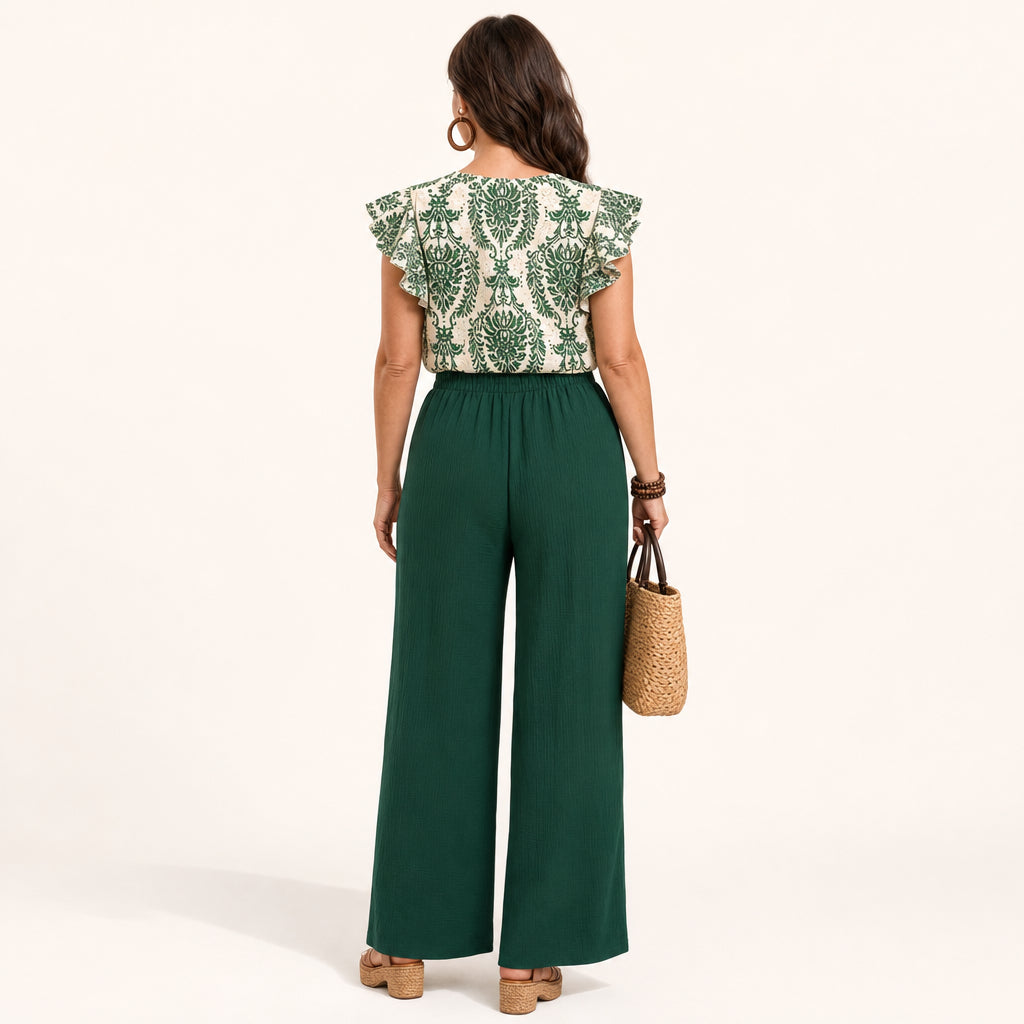 Atelier Rivelle | Ensemble Femme Été Élégant Fluide Col V Manches Papillon Rose