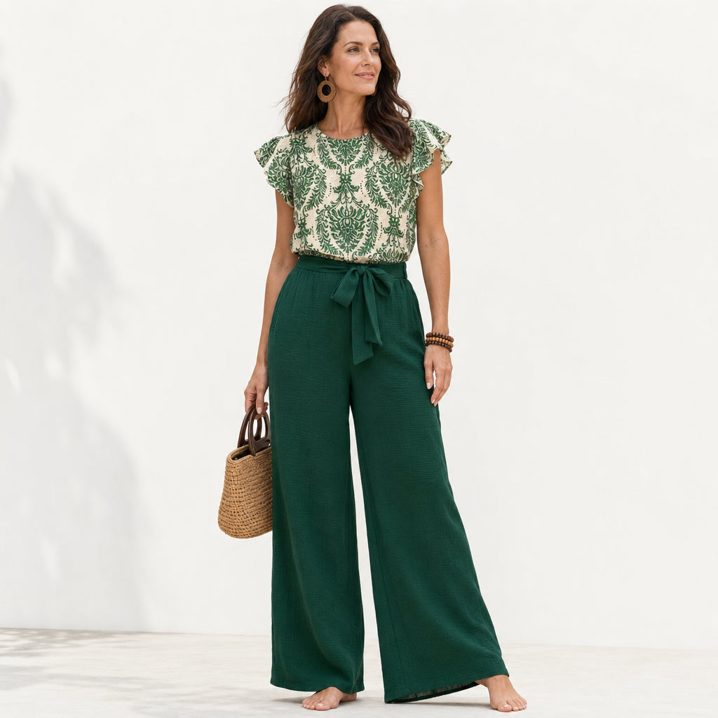 Atelier Rivelle | Ensemble Femme Été Élégant Fluide Col V Manches Papillon Rose