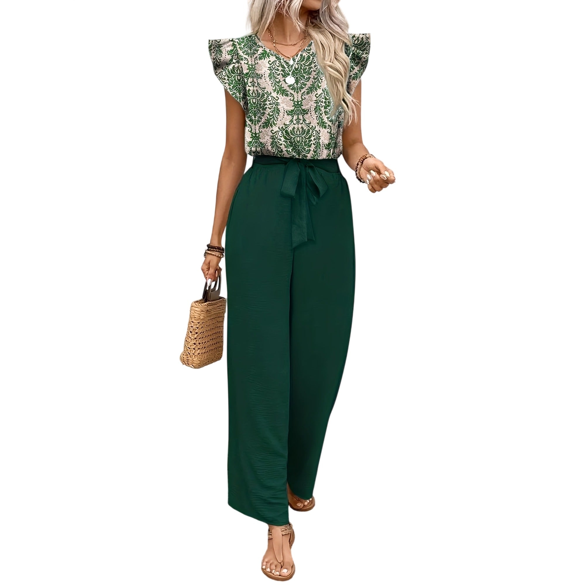 Atelier Rivelle | Ensemble Femme Été Élégant Fluide Col V Manches Papillon Rose