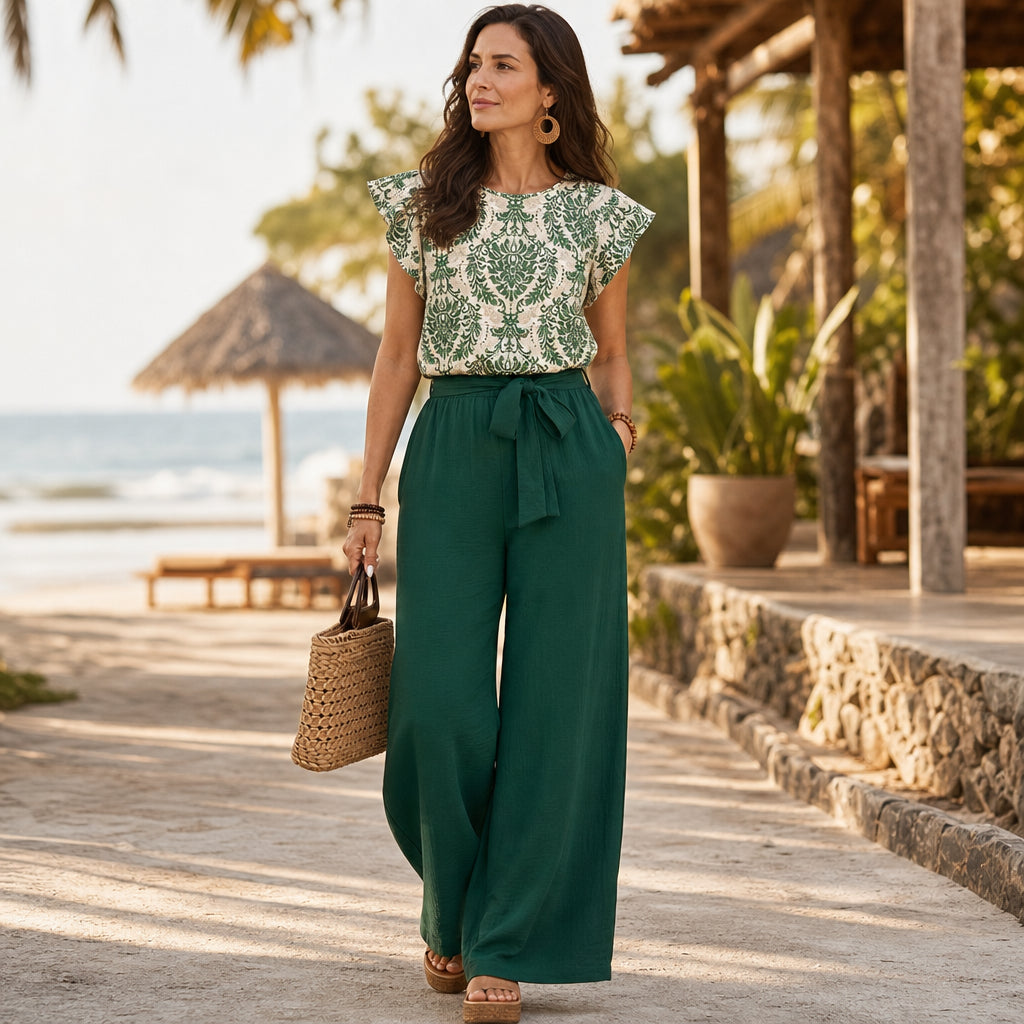 Atelier Rivelle | Ensemble Femme Été Élégant Fluide Col V Manches Papillon Rose