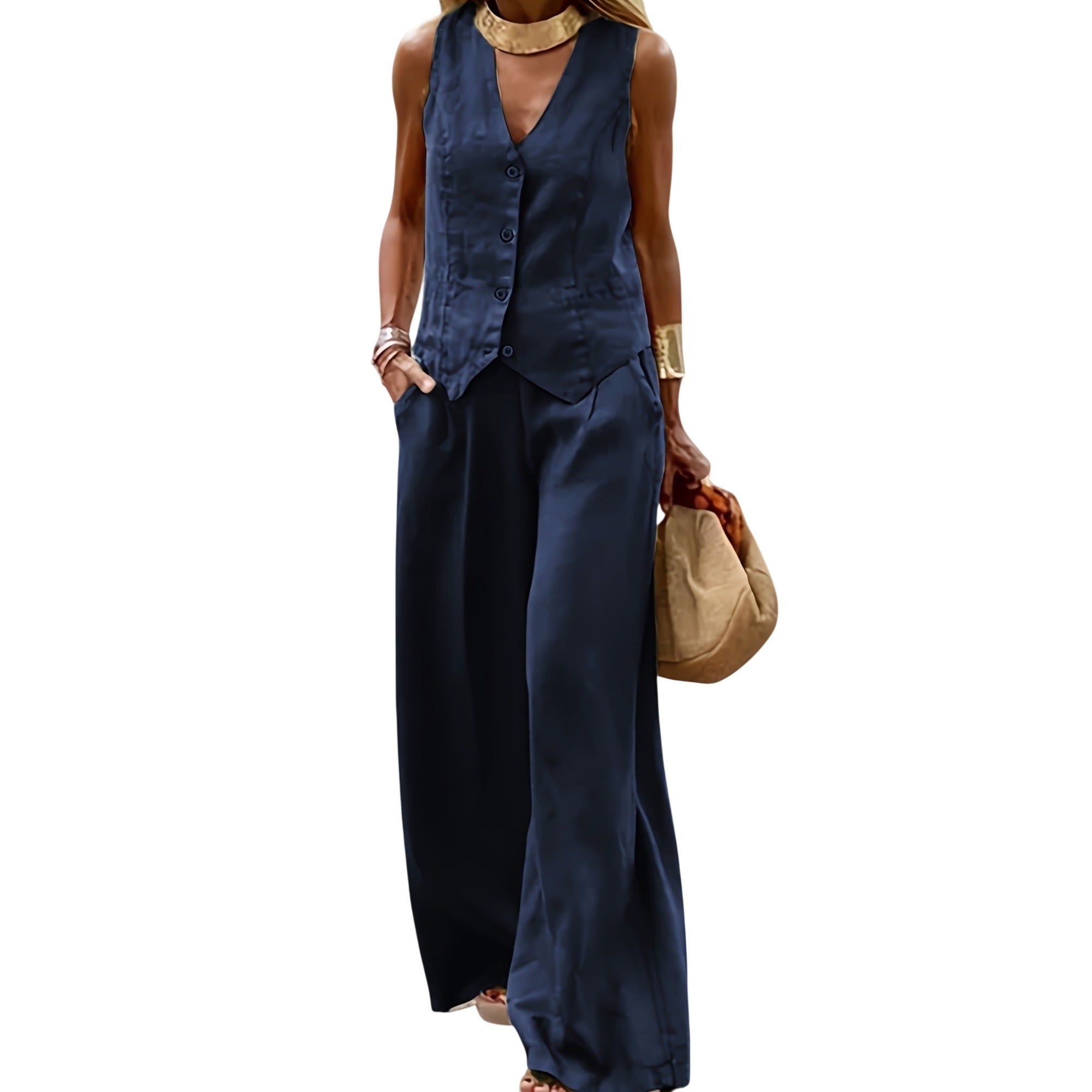 Atelier Rivelle | Ensemble Femme Été Fluide Léger Col V Élégant Bleu Marine