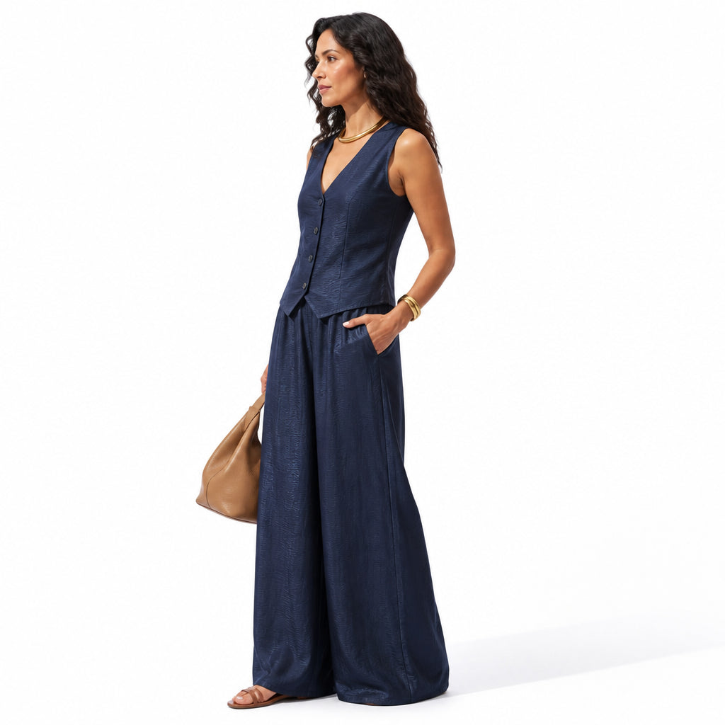 Atelier Rivelle | Ensemble Femme Été Fluide Léger Col V Élégant Bleu Marine