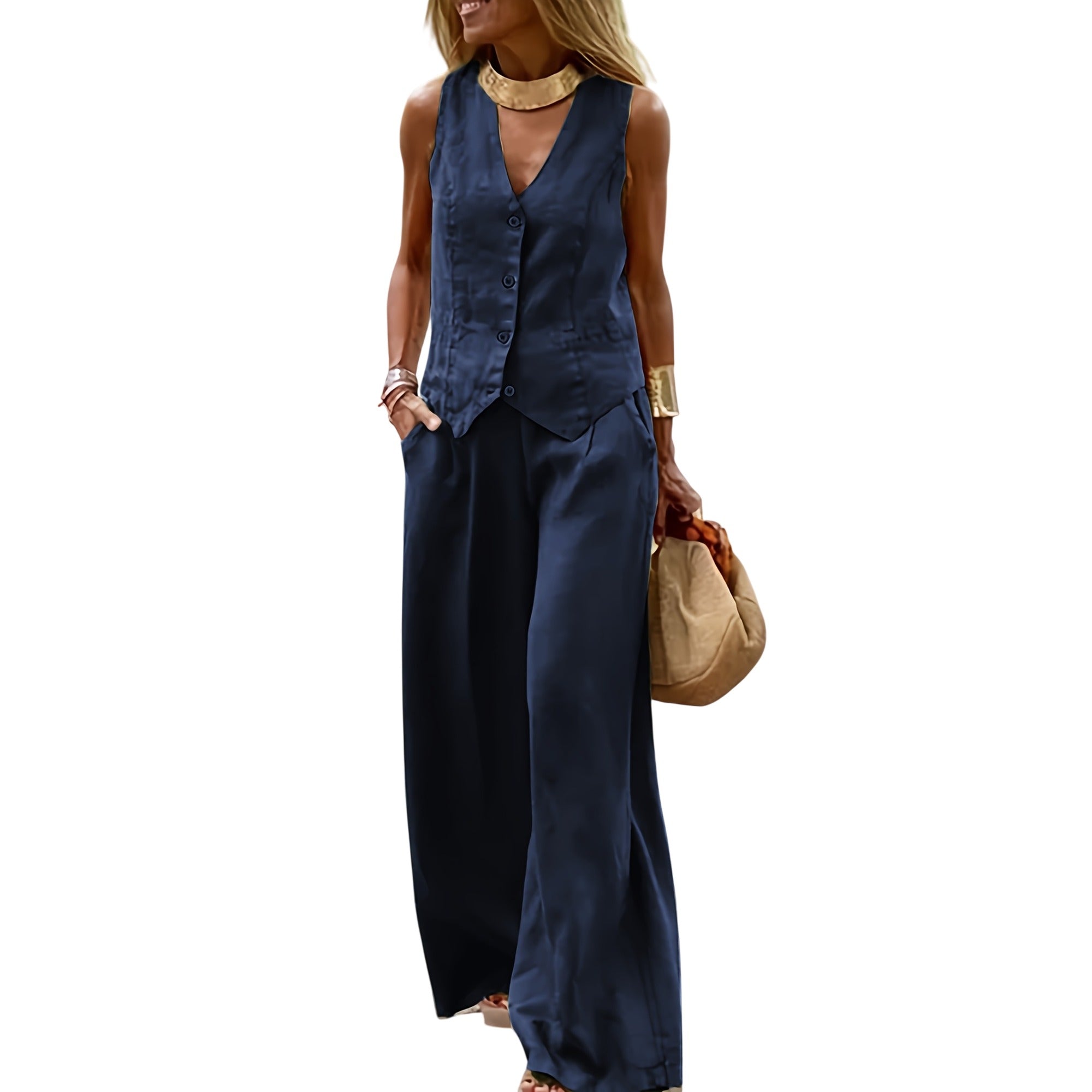 Atelier Rivelle | Ensemble Femme Été Fluide Léger Col V Élégant Bleu Marine