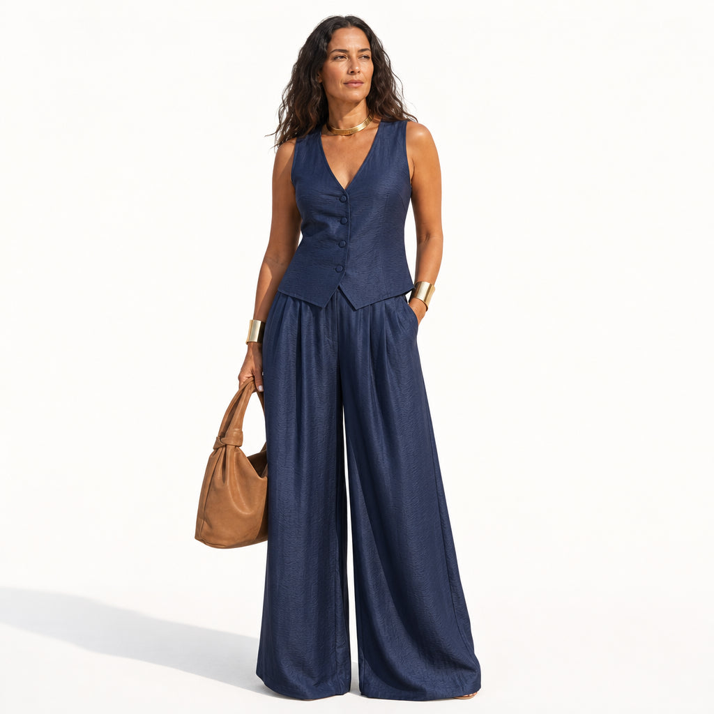 Atelier Rivelle | Ensemble Femme Été Fluide Léger Col V Élégant Bleu Marine