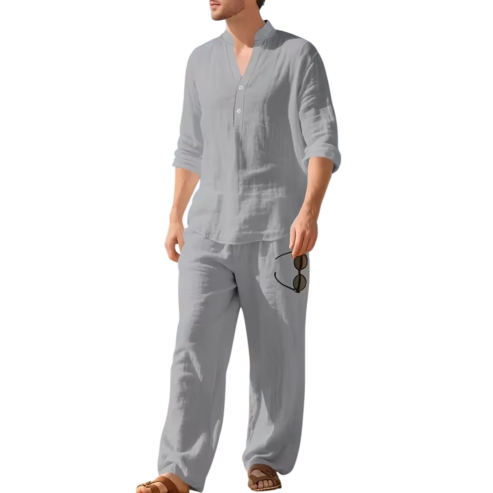 Atelier Rivelle | Ensemble Lin Homme Ample Col V Manches Longues Ceinture Décontracté