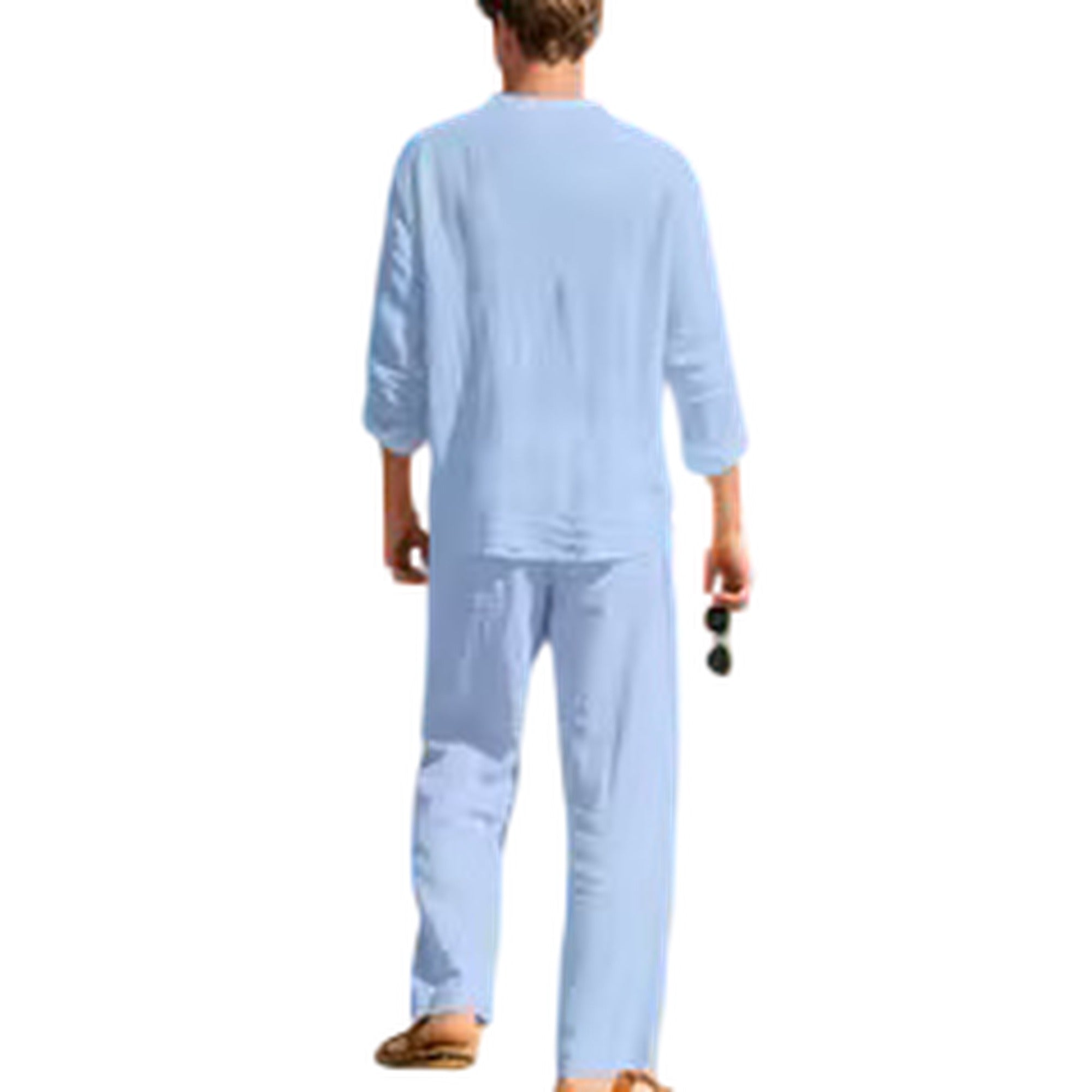 Atelier Rivelle | Ensemble Lin Homme Ample Col V Manches Longues Ceinture Décontracté