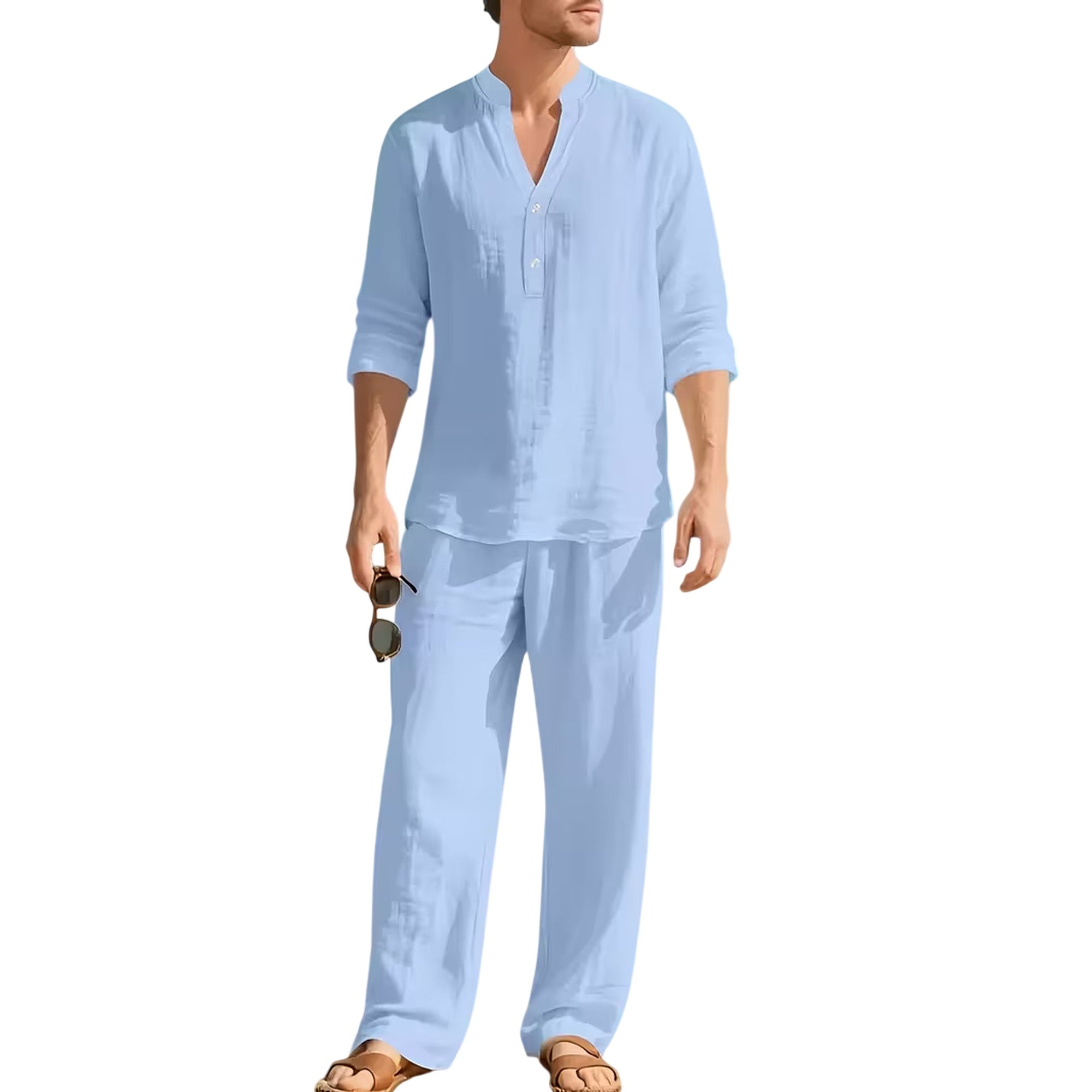Atelier Rivelle | Ensemble Lin Homme Ample Col V Manches Longues Ceinture Décontracté