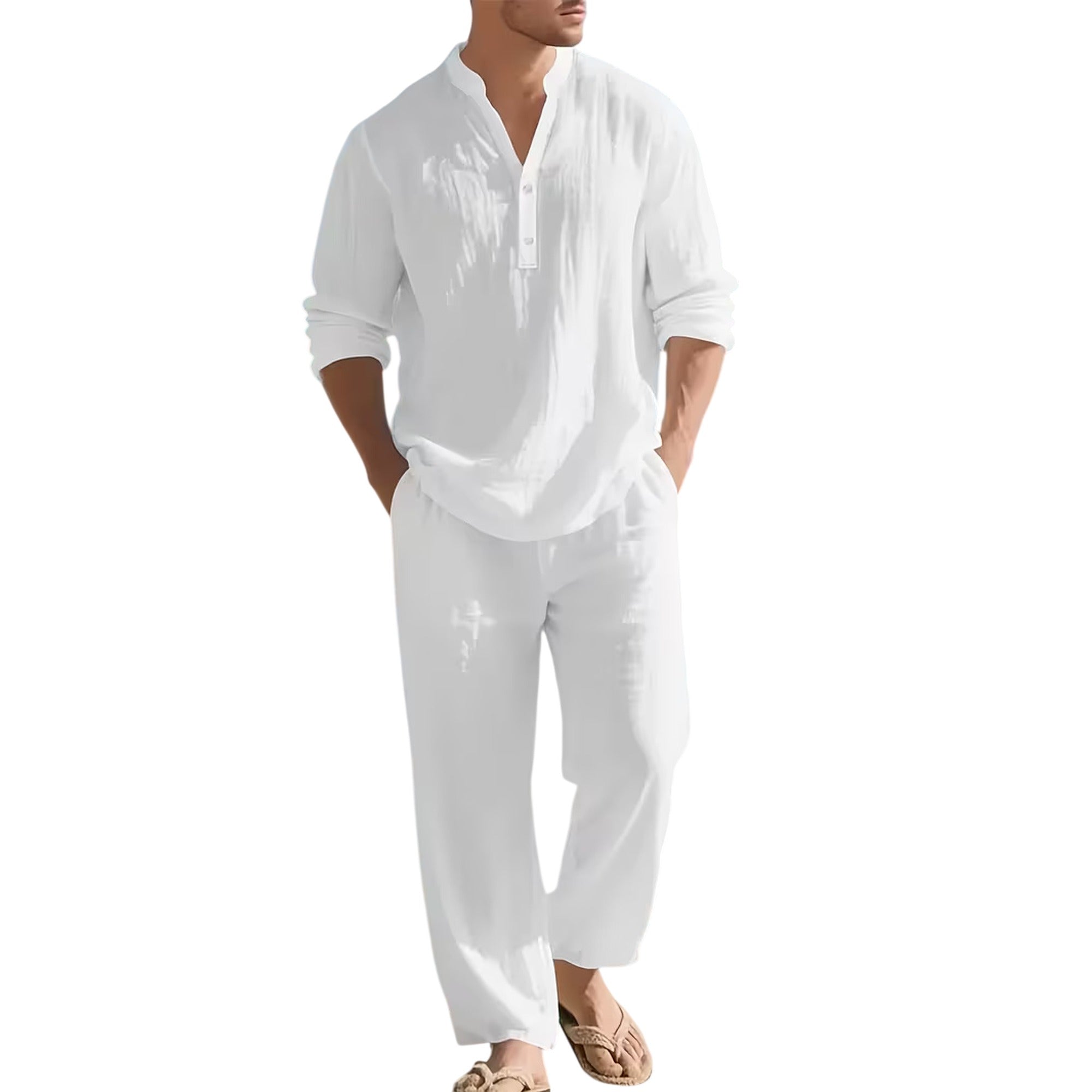 Atelier Rivelle | Ensemble Lin Homme Ample Col V Manches Longues Ceinture Décontracté