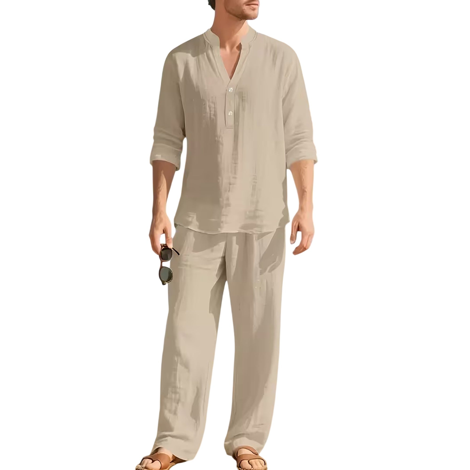 Atelier Rivelle | Ensemble Lin Homme Ample Col V Manches Longues Ceinture Décontracté