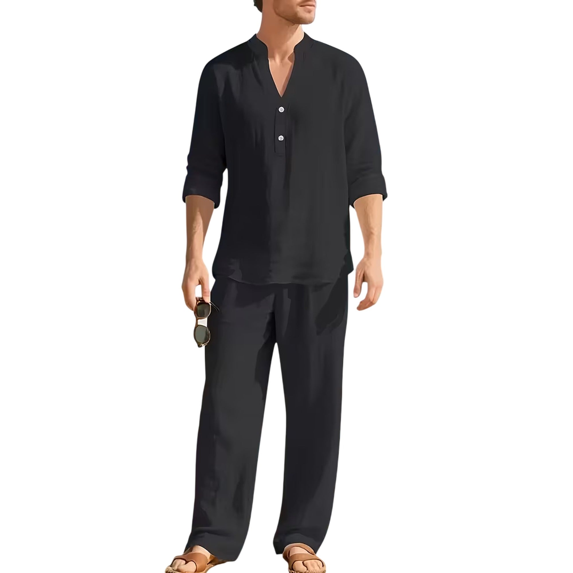 Atelier Rivelle | Ensemble Lin Homme Ample Col V Manches Longues Ceinture Décontracté