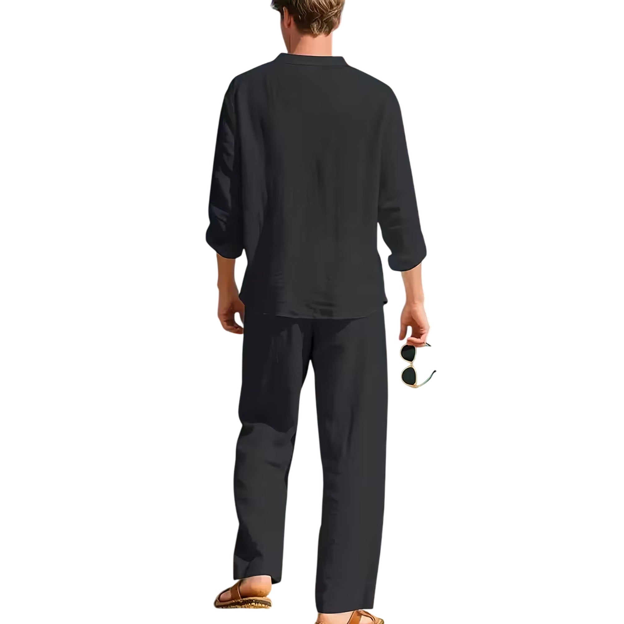 Atelier Rivelle | Ensemble Lin Homme Ample Col V Manches Longues Ceinture Décontracté