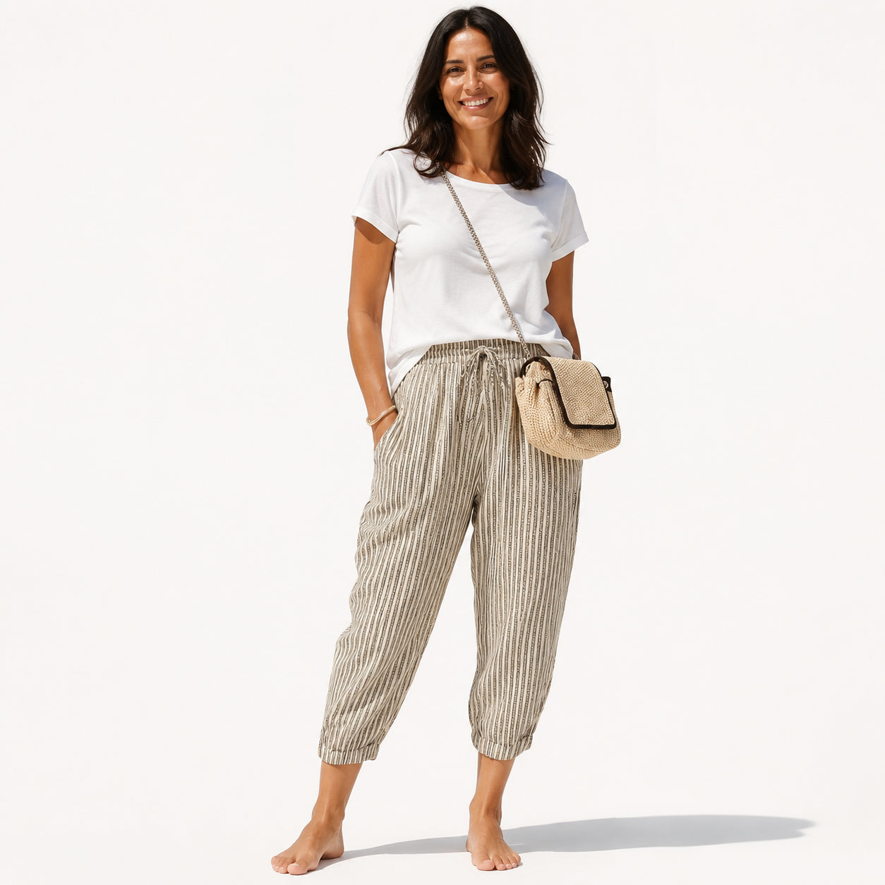 Atelier Rivelle | Pantalon Femme Ample Rayé Taille Haute Léger