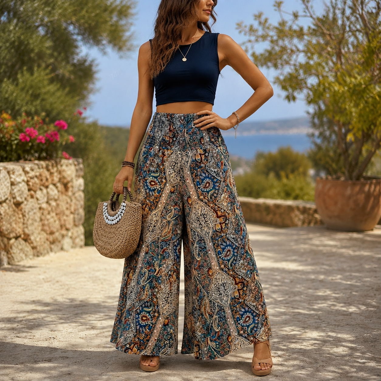 Atelier Rivelle | Pantalon Femme Bohème Taille Haute Élastique Fluide
