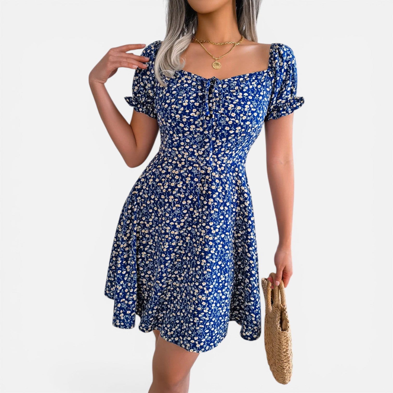 Atelier Rivelle | Robe Mini Femme Fleurie Col Carré A-Line Volants Été