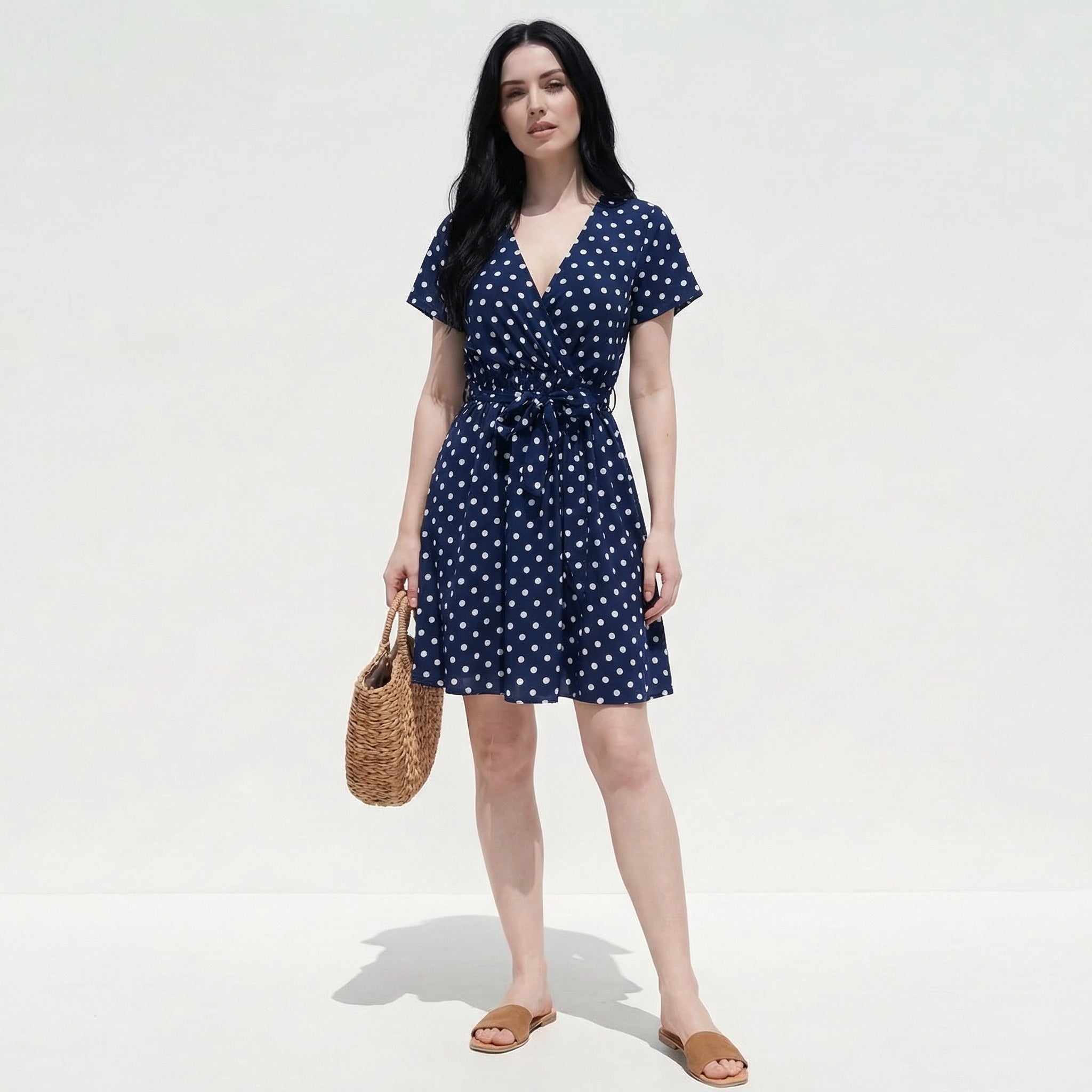Atelier Rivelle | Robe femme à pois manches courtes col V ceinturée été