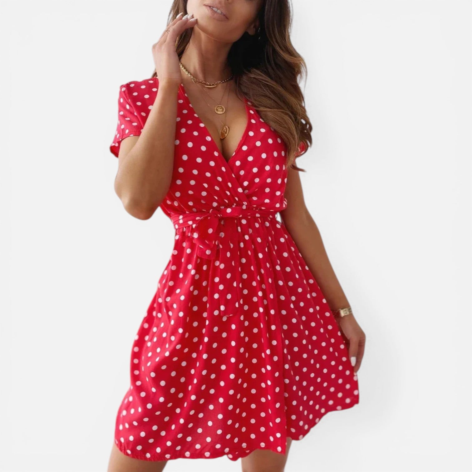 Atelier Rivelle | Robe femme à pois manches courtes col V ceinturée été