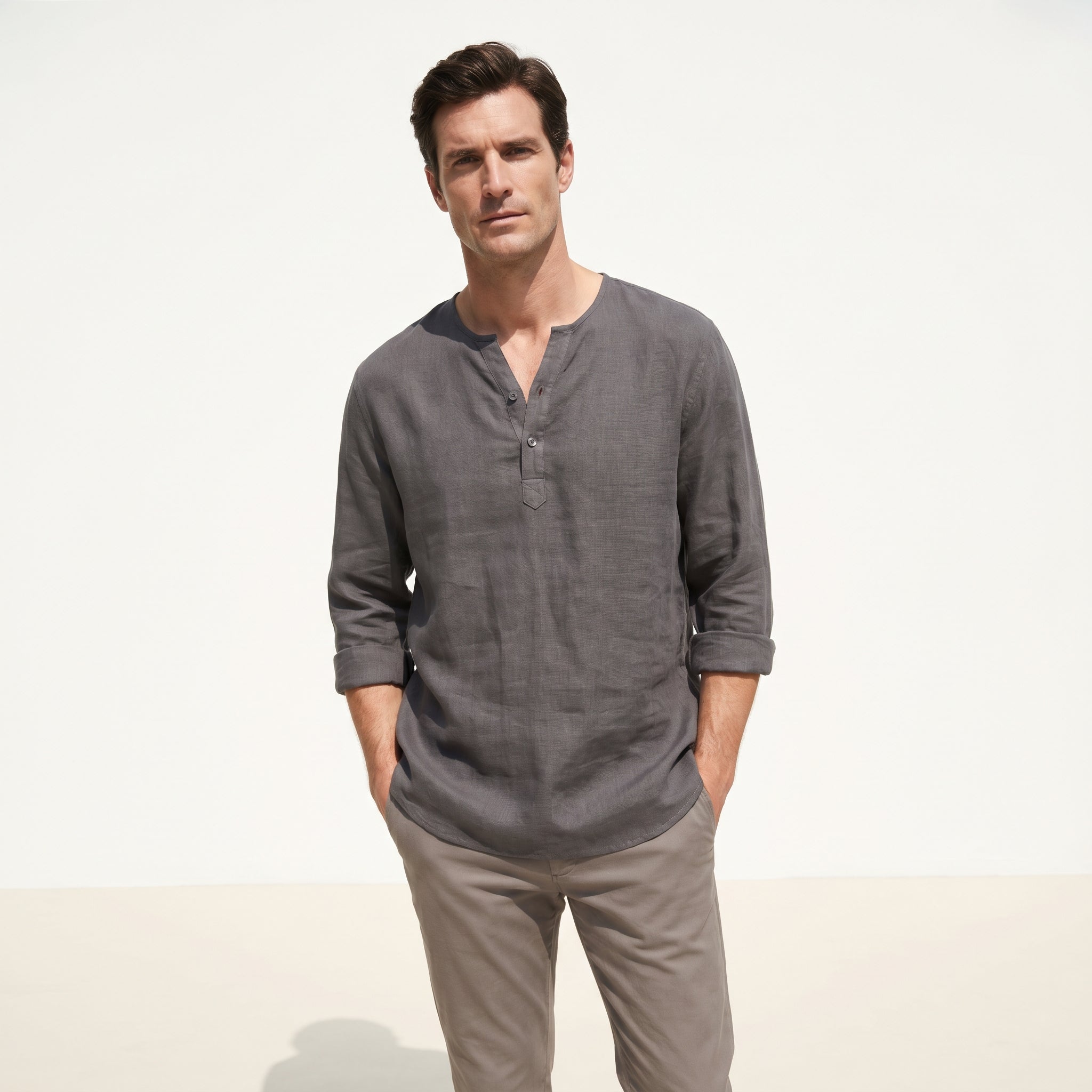 Atelier Rivelle | Chemise Lin Homme Été Col Montant Décontracté Léger