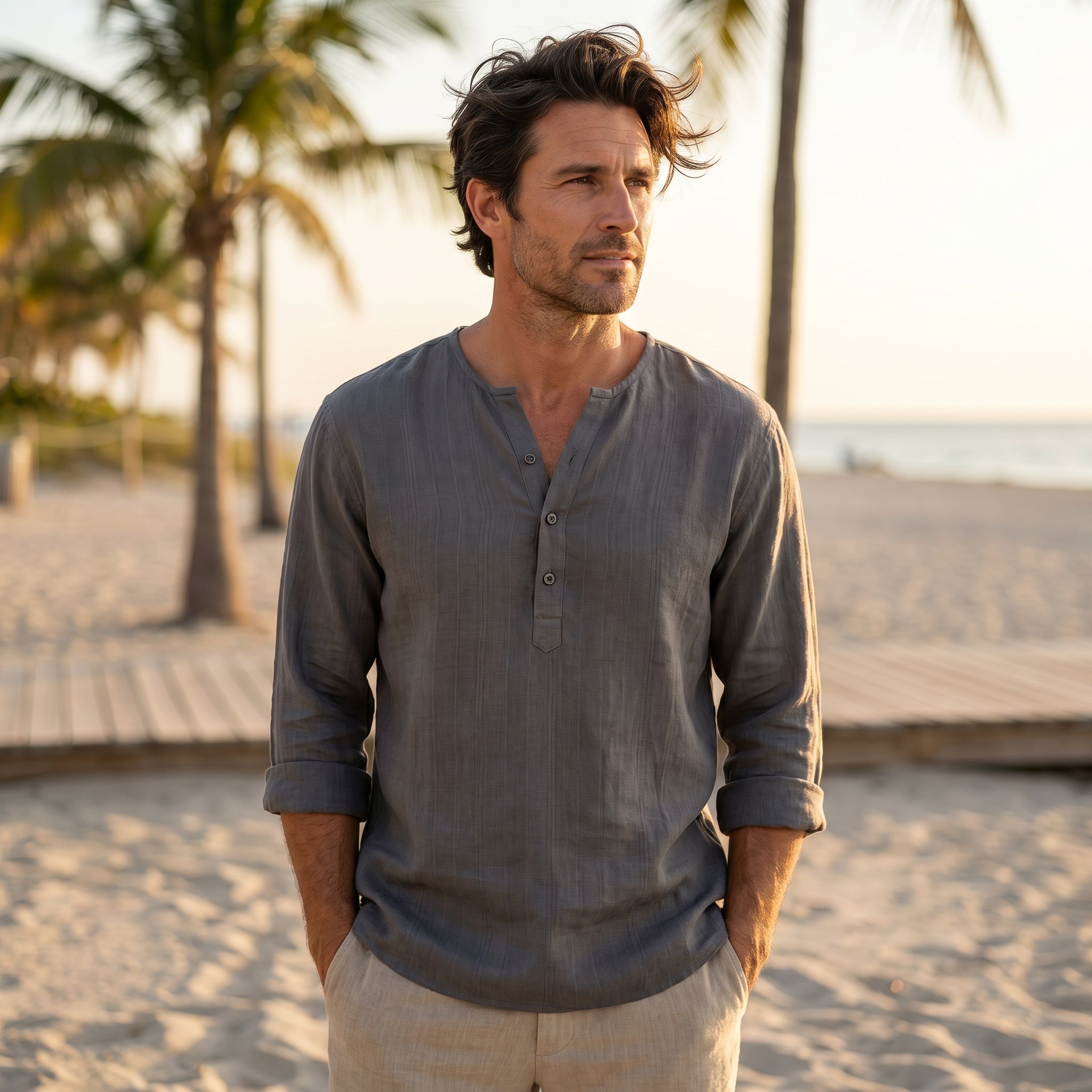 Atelier Rivelle | Chemise Lin Homme Été Col Montant Décontracté Léger