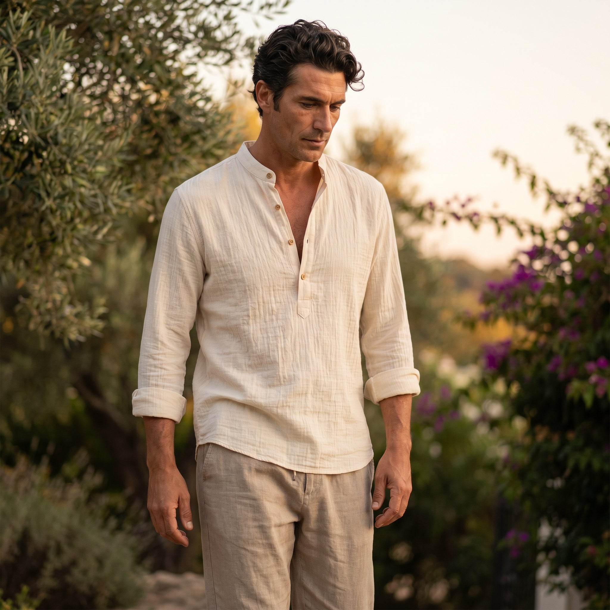 Atelier Rivelle | Chemise Lin Homme Été Col Tunisien Légère Respirante